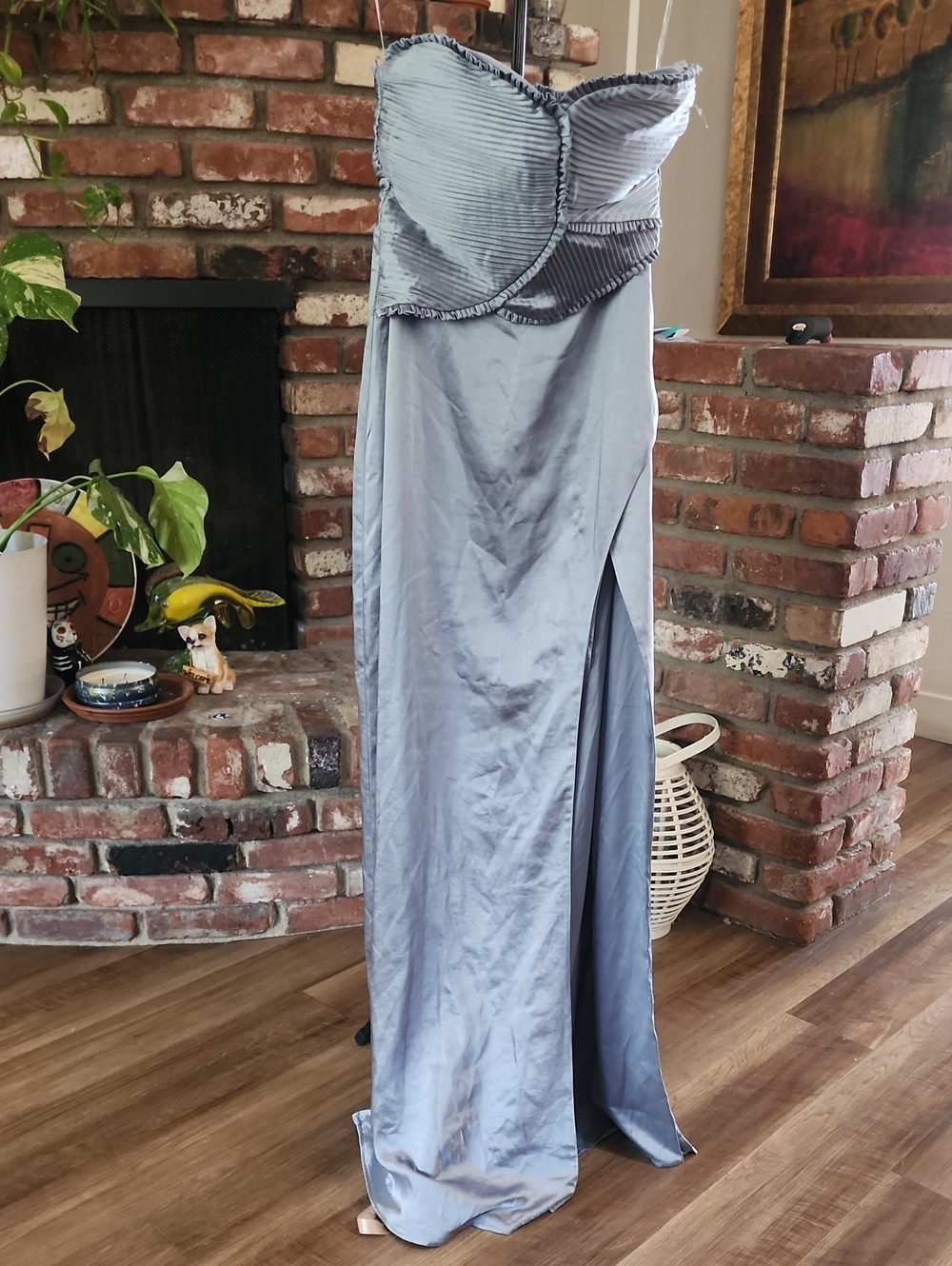 Meshki Slate Blue Strapless Satin Gown with High Slit - Picture 4 of 12